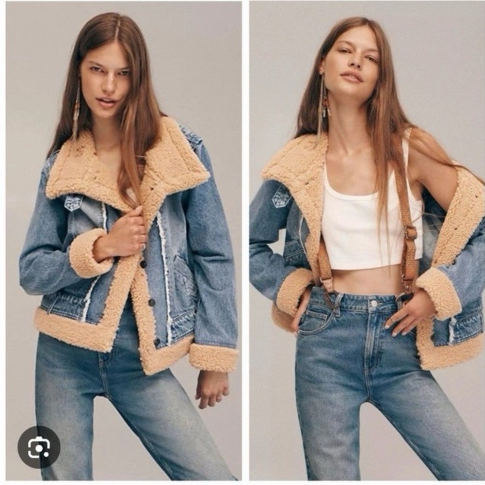 Free People We The Free Rylee Cozy Moto Jacket Denim Shearling Blue Tan XL - Picture 12 of 15